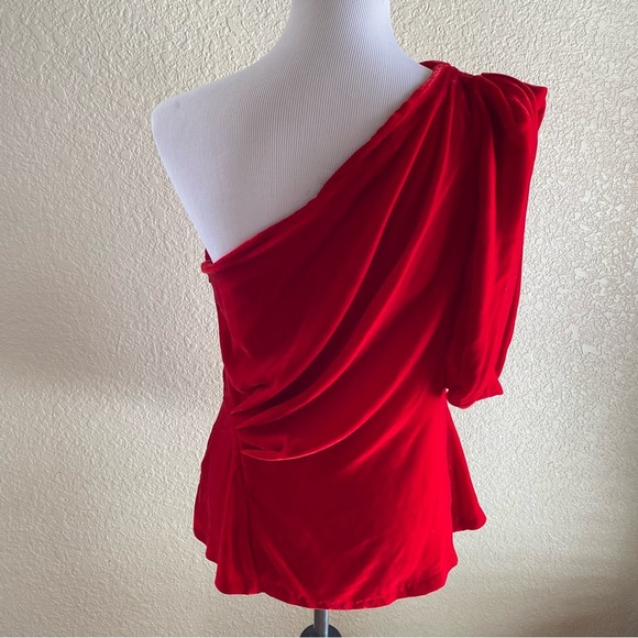 Eva Franco Silk Daphne Top Blouse One Shoulder Velvet Red Ruched: 10 - Picture 5 of 14